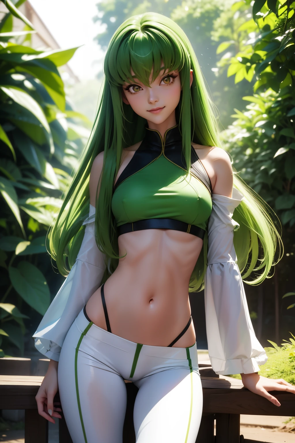 A close up of a woman with green hair and a green top - SeaArt AI