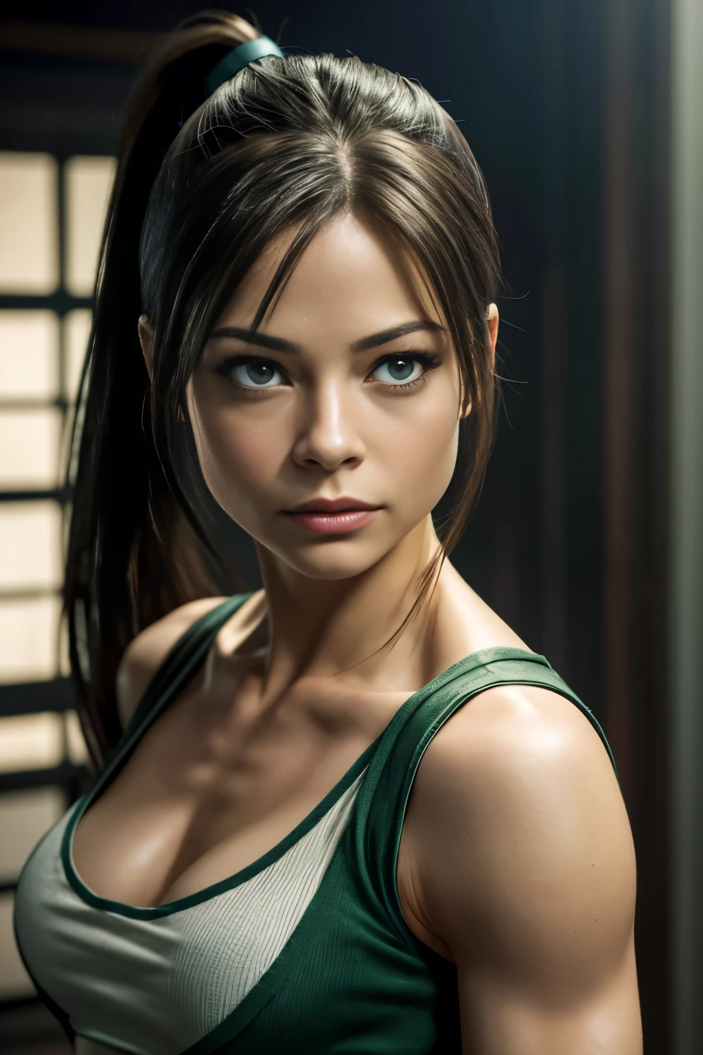 Kristin Kreuk mit Pferdeschwanz und grünen Augen als Tifa Lockhart, (Hauttextur:1.1), (hochdetailliertes Gesicht:1.1), Hochdetaillierter Körper, Hochdetaillierte Kleidung, (Meisterstück), (Realstic), Ultrahochauflösend, 4K, ultra highres, Foto von Arny Freytag