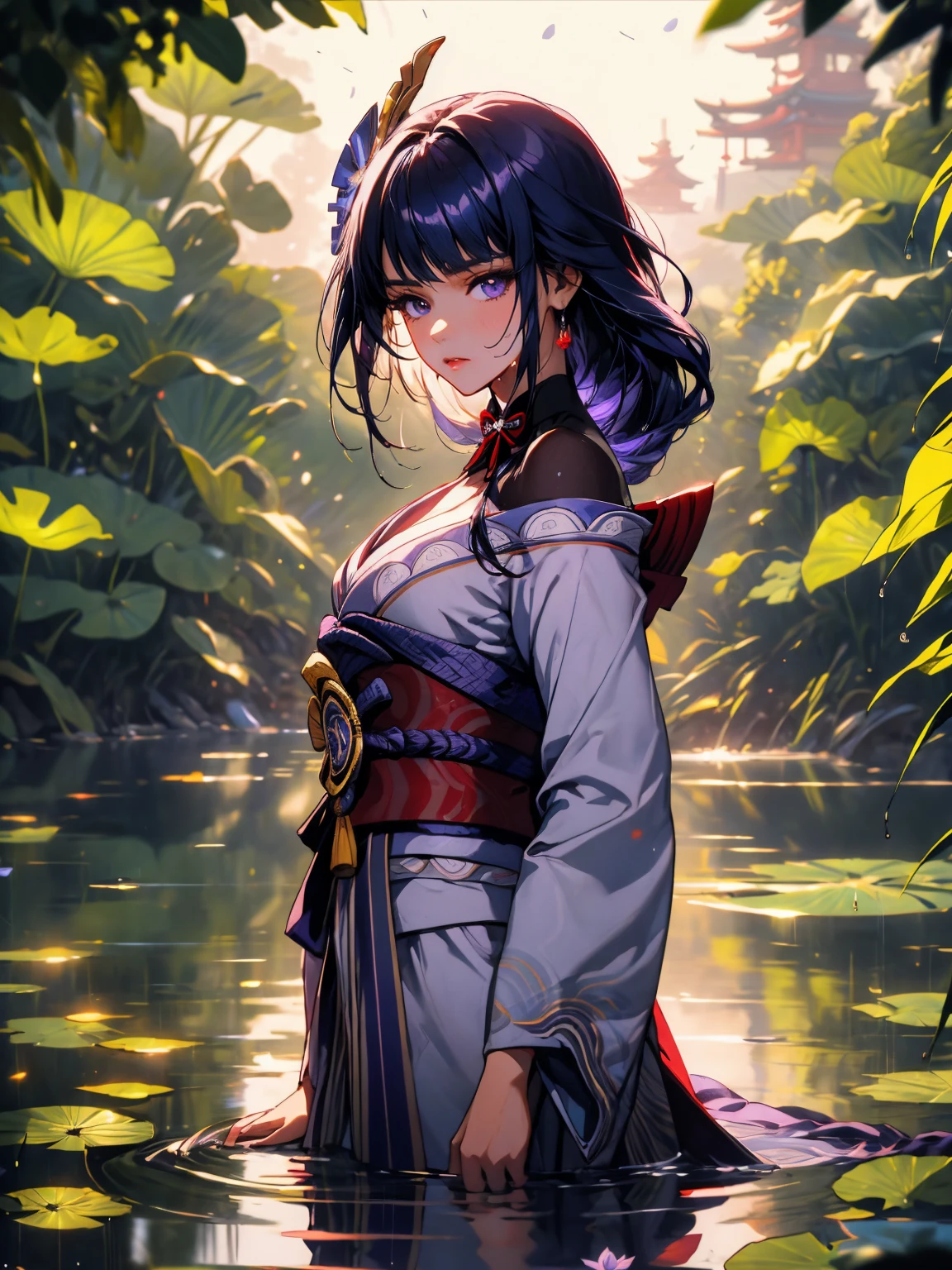 masterpiece, Wallpaper, summer pond, pond, afternoon sun, surrounded by lotus leaves, pond background, depth of field, hot weather, high definition detail, wet, ultra detail, movie,  soft light, deep field focus bokeh, Ray Tracing, Diffuse (Extra Fine Glass Reflections). raidenshogundef,raidenshogunrnd




