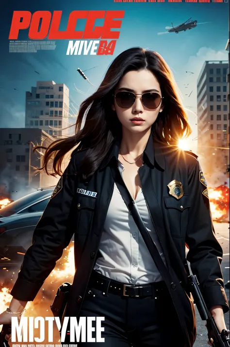 Police movie poster, beautiful woman, medium dark long hair,sunglasses, with big gun in hands, black clothes, rivets, explosions...