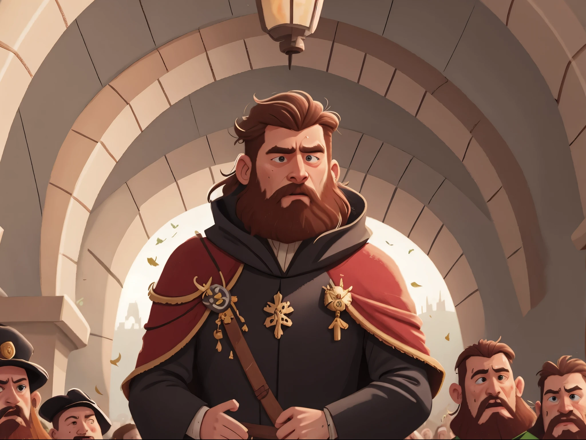 [[[Ultra-detailed, best[[[Ultra-detailed, best quality, beautiful, 4K, detailed faces, medieval stories]]], brown haired bearded man leaves behind a huge royal palace and a crowd of people wearing black robes quality, beautiful, 4K, detailed faces, medieval stories]]], brown haired bearded man leaves behind a huge royal palace and a crowd of people wearing black robes