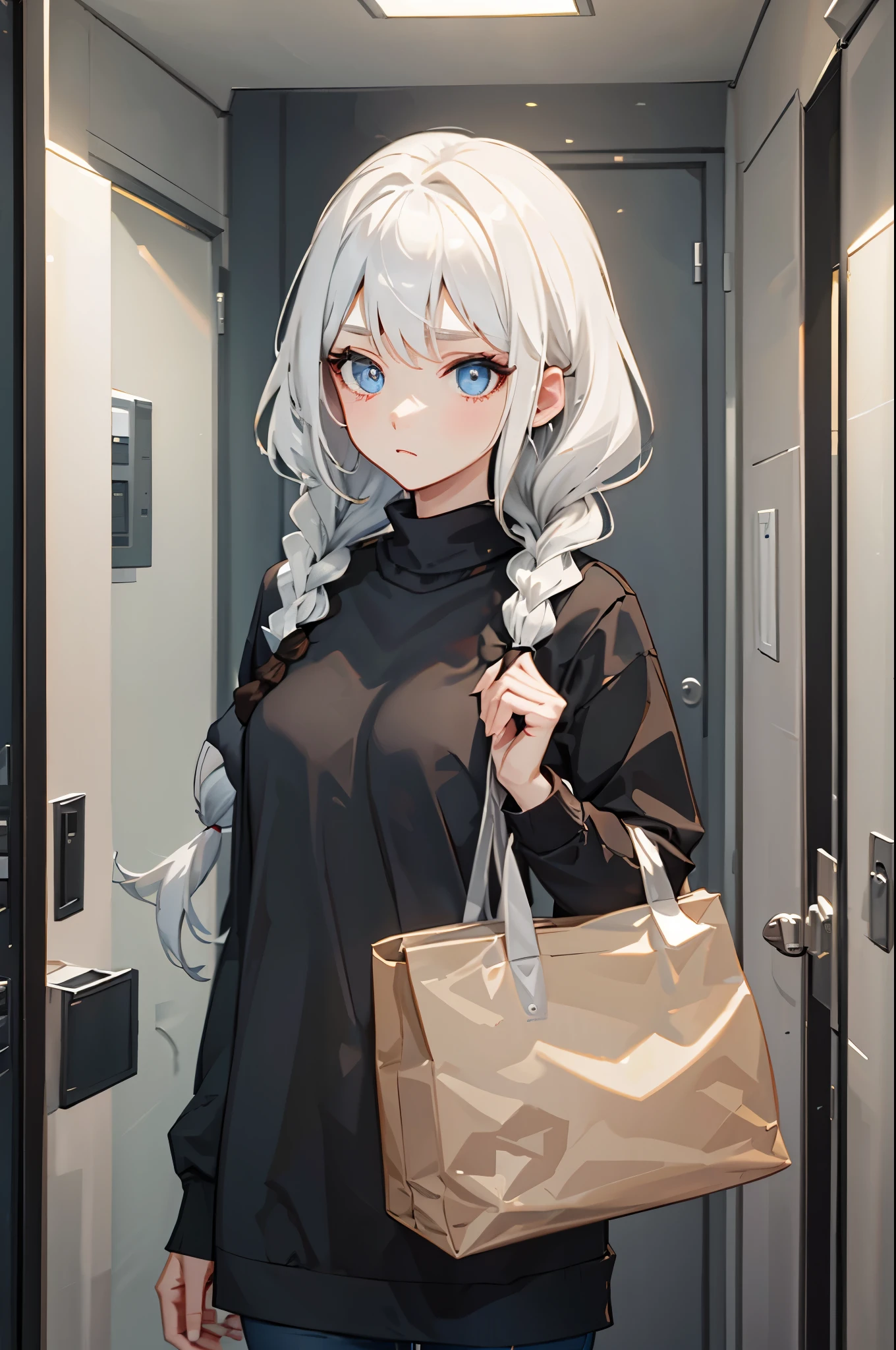 a girl,twin braids,white hair,blue eyes,black sweater,,upper body,school