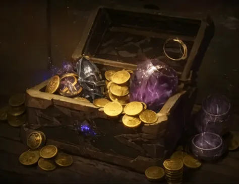There is a box，There are coins and masks inside, Treasure artifact, 8k high definition wallpaper jpeg artifact, 8k high definition wallpaper jpeg artifact, loot box, item art, Riot Games Concept Art, mysterious concept art, League of Legends Concept Art, t...