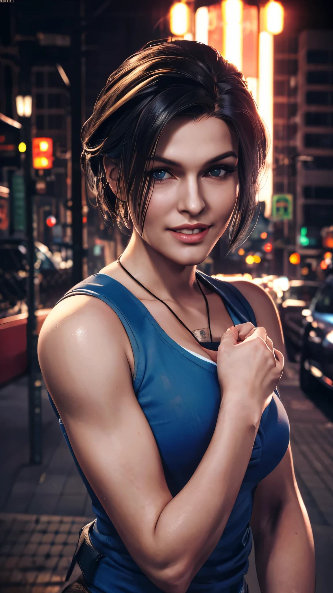 Jill Valentine, portrait,  smiling, at city at night, bruises, dirt, (8k, RAW photo, best quality, masterpiece:1.2),ultra-detailed, (high detailed skin:1.2), 8k uhd, dslr, soft lighting, high quality, 