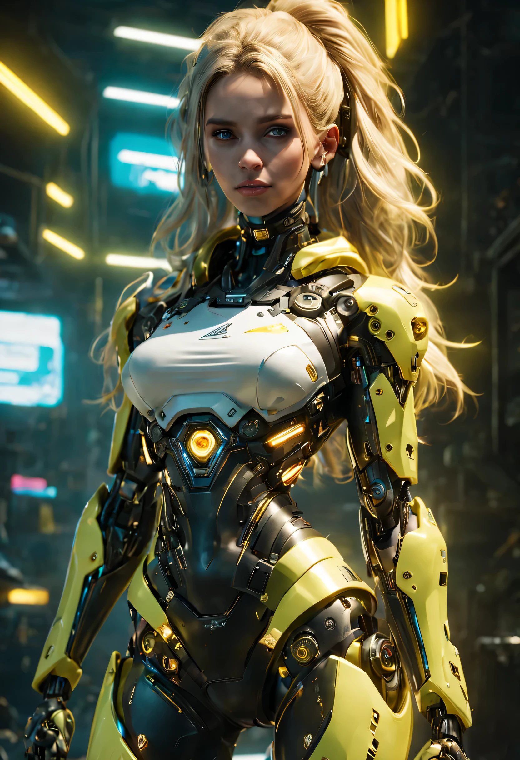 Image photoréaliste d&#39;une jeune fille, elle ressemble à un personnage de Cyberpunk 2077, elle a de longs cheveux blonds et des yeux bleus brillants. Son corps tout en courbes a des proportions parfaites et ses bras sont en métal, elle a des mains robotiques. Montre-moi tout son corps, avec de belles longues jambes, des hanches pleines et une tête avec des cheveux en désordre, peau douce, ventre lisse