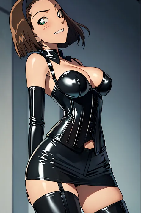 looking at camera、looking at me、lookatviewer、anime style、Eroge、1 girl,  huge breasts, 白のshirt, shirt, Low - Angle、cowboy shot, bra is very, See through, Short Sleeve Lip,laughter、open your mouth、bright smile、brown hair, hair band、bob hair、amount、blush, dis...