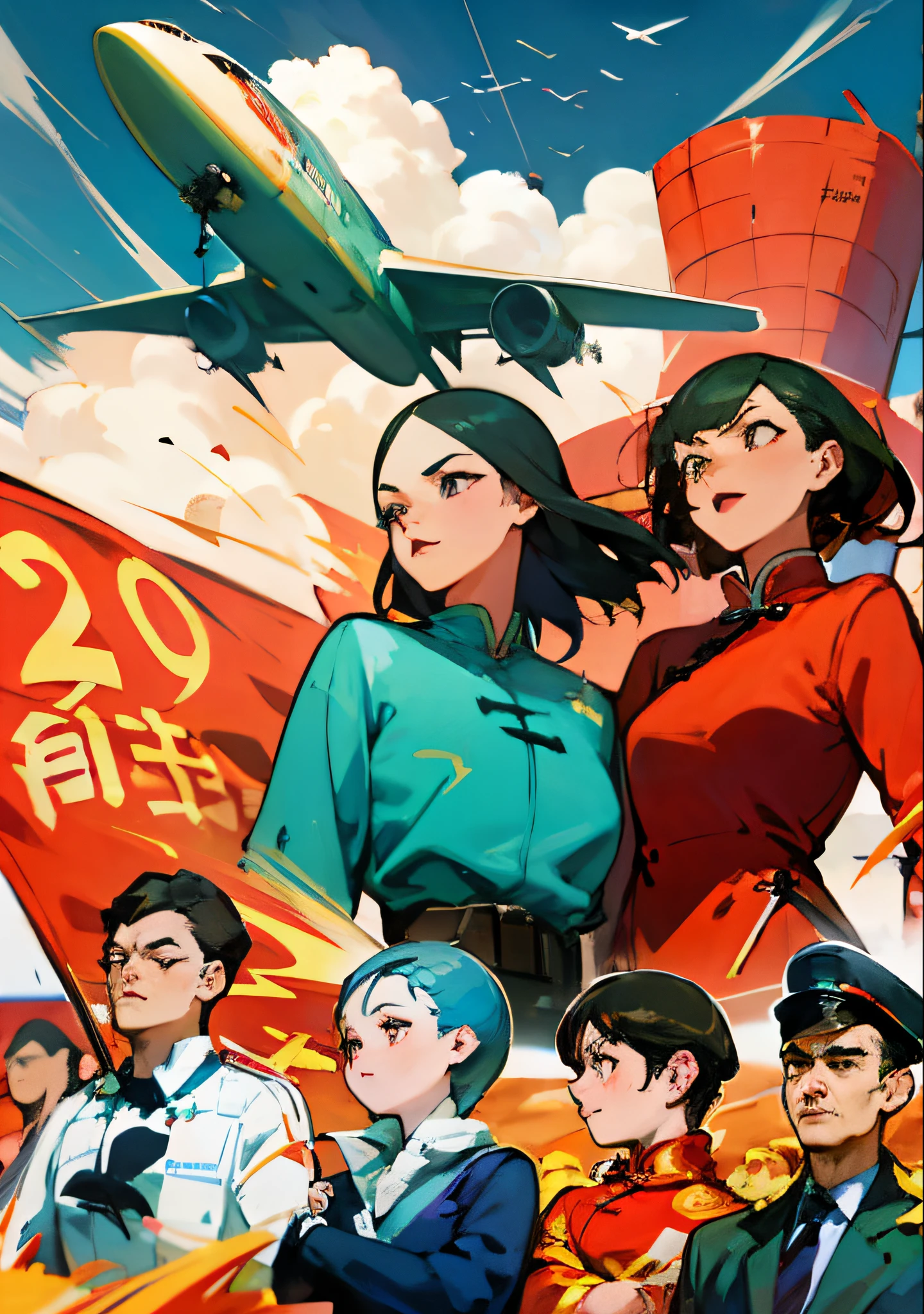 (masterpiece), (best quality), (Exquisite details), posters, Chinese , Wide-angle lens, a group of people, smile, civilian, One-piece suit, firm expression, Half-naked arms, passing flyer, gear, Sky and passenger plane, Chinese Red Flag, (Red) Flag with gear and Wheat Print, city View, architecture, High-speed rail trains,  Manifesto, Chinese,