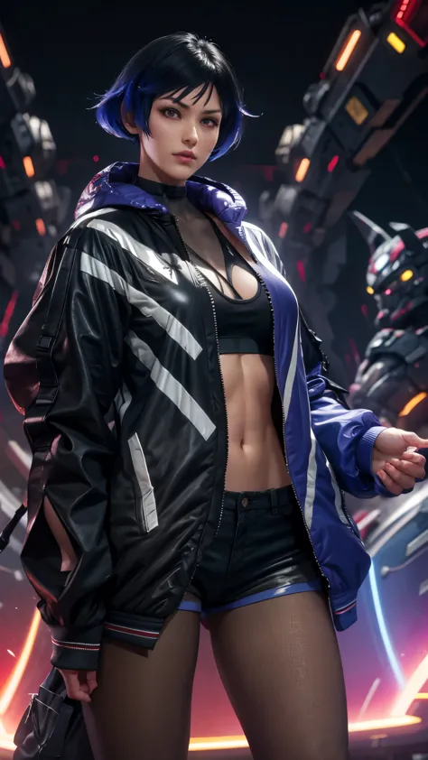 masterpiece, best quality, Tekken_reina, pantyhose, open jacket, shorts, multicolored hair, boots, cyberpunk, cowboy shot, 