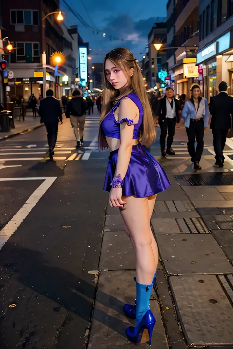 Anime girl standing on city street with long hair and blue eyes, trending in ArtStation Pixiv, purple eyes, blue tie, beautiful (detailed eyes, detailed face,) Ahegao, euladef, noble temperament, high heels, no watermark