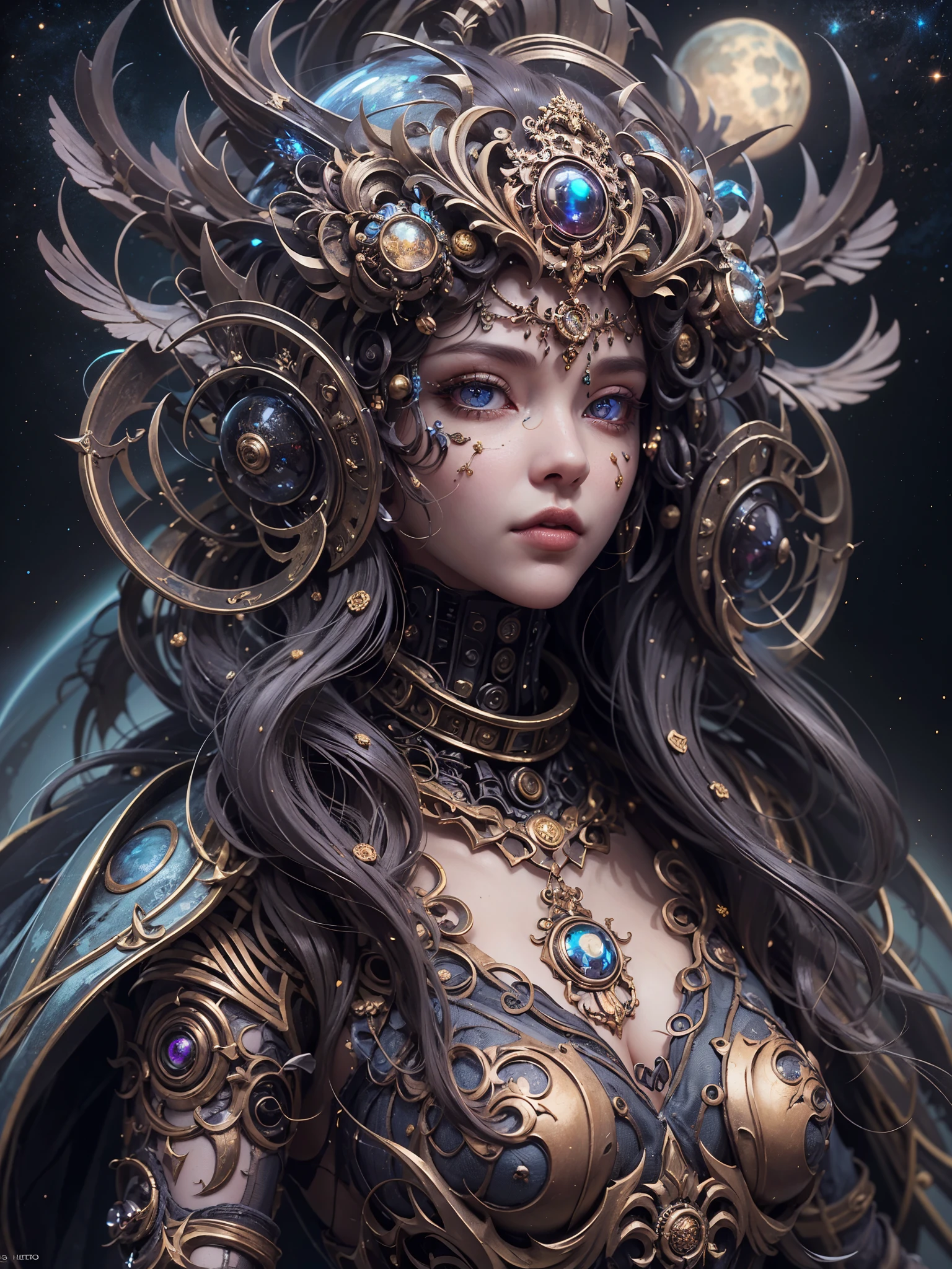 （best qualtiy，ultra - detailed，Most Best Illustration，Best shadow，tmasterpiece，A high resolution，professionalartwork，famousartwork），Detailed eyes，beautidful eyes，closeup cleavage，sci-fy，colored sclera，Robot eyes，face markings，Tattooed with，（fractalized，Fractal eyes），largeeyes，Wide eyes，（Eye focus），sface focus，Cosmic eyes，Space eyes，Close-up of metal sculpture of a woman with a moon in her hair，goddes。extremly high detail，3 d goddess portrait，Extremely detailed footage of the goddess，a stunning portrait of a goddess，Side image of the goddess，portrait of a beautiful goddess，Full body close-up portrait of the goddess，hecate goddess，portrait of a norse moon goddess，goddess of space and time