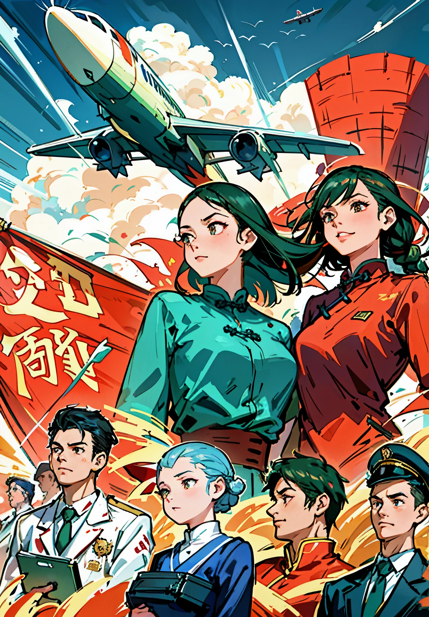 (masterpiece), (best quality), (Exquisite details), poster, Chinese , Wide-angle lens, laugh happily，a group of people, Chinese, civilian, One-piece suit, firm expression, Half-naked arms, passing flyer, gear, sky with passenger plane, Chinese Red Flag, (Red) Flag with gear and Wheat Print, city View, architecture, High-speed rail trains,  manifesto, Chinese,