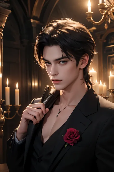 ((Best quality)), ((masterpiece)), (detailed), ((perfect face)), ((halfbody)) perfect proporcions, He is a handsome vampire, 18 ...