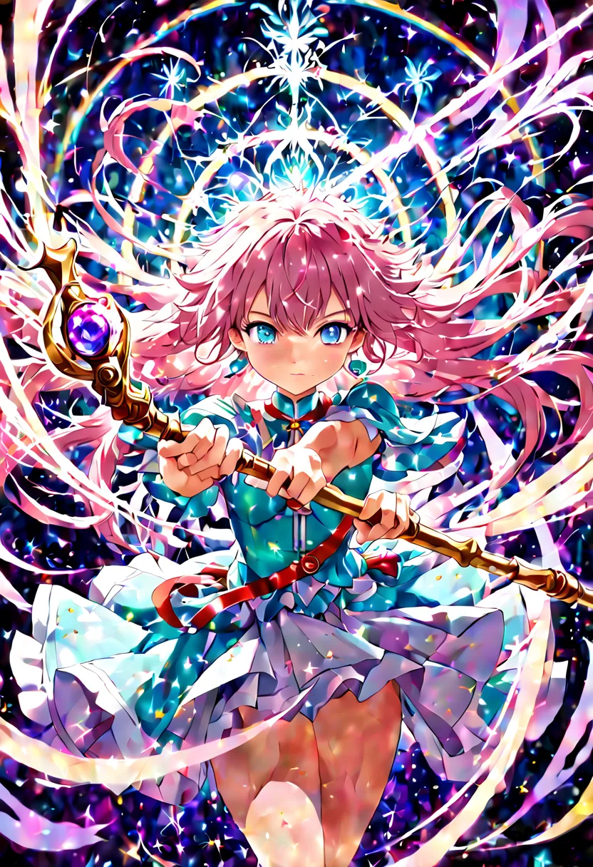 1girl, an enchanting magical girl with shimmering eyes and a radiant aura, dressed in an ornate, pastel-colored costume adorned ...