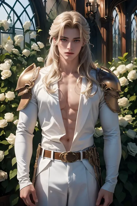 ((Best quality)), ((masterpiece)), (detailed), ((perfect face)), ((halfbody)) perfect proporcions,He is a handsome angel, 18 years old, long golden hair, he has white wings, He wears silver armor, he has honey-colored eyes, He is inside a greenhouse with w...