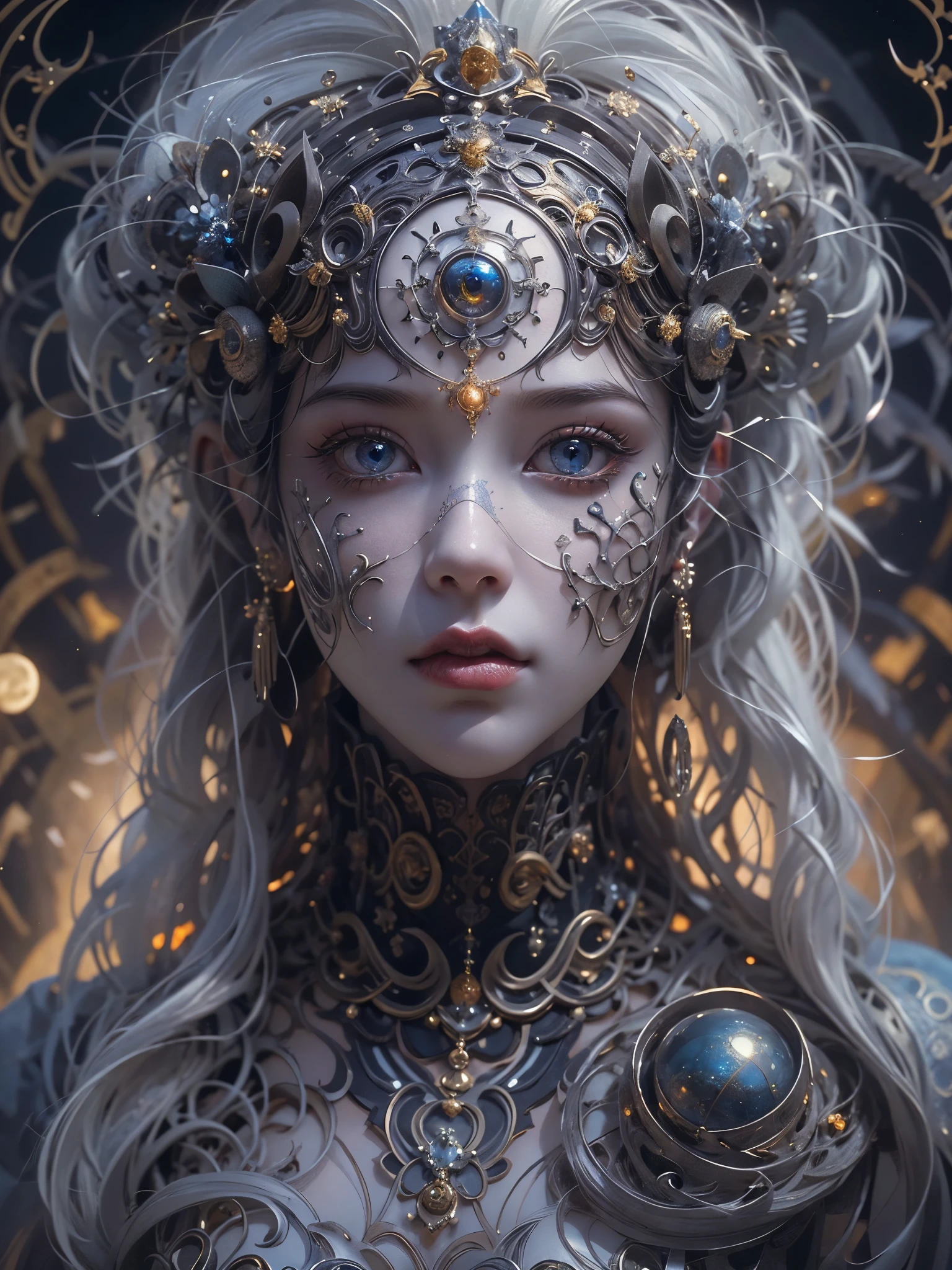 （best qualtiy，ultra - detailed，Most Best Illustration，white and dark composition, Best shadow，tmasterpiece，A high resolution，professionalartwork，famousartwork），Detailed eyes，beautidful eyes，closeup cleavage，sci-fy，colored sclera，Robot eyes，face markings，Tattooed with，（fractalized，Fractal eyes），largeeyes，Wide eyes，（Eye focus），sface focus，Cosmic eyes，Space eyes，Close-up of metal sculpture of a woman with a moon in her hair，goddes。extremly high detail，3 d goddess portrait，Extremely detailed footage of the goddess，a stunning portrait of a goddess，Side image of the goddess，portrait of a beautiful goddess，Full body close-up portrait of the goddess，hecate goddess，portrait of a norse moon goddess，goddess of space and time
