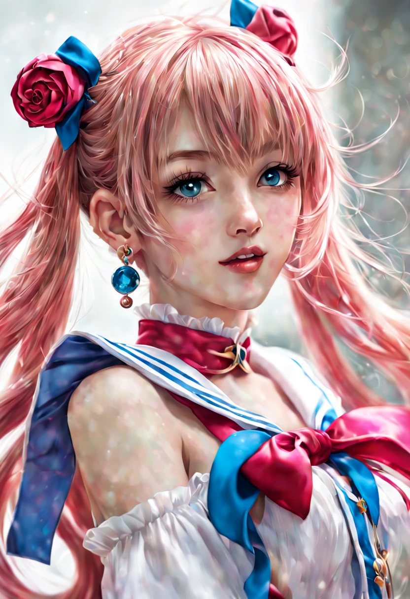 1girl, 📷 Capture the essence of a Magical Girl (Mahou Shoujo), medium: hyper-realistic photography, style: capturing the vibrant energy similar to that of Sailor Moon, lighting: high-key with a focus on bright, clean light to enhance her youthful energy, colors: a spectrum of rainbow hues with a dominance of sailor blue, composition: shot with a Sony Alpha 1, FE 135mm f/1.8 GM lens, resolution 50.1 megapixels, ISO 200, f/2.2 aperture, shutter speed 1/320 second. Position the Magical Girl in an action pose, mid-twirl, her ribbon-like accessories flowing dynamically around her, (masterpiece), (best quality), (ultra-detailed), illustration, disheveled hair, perfect composition, moist skin, intricate details, earrings