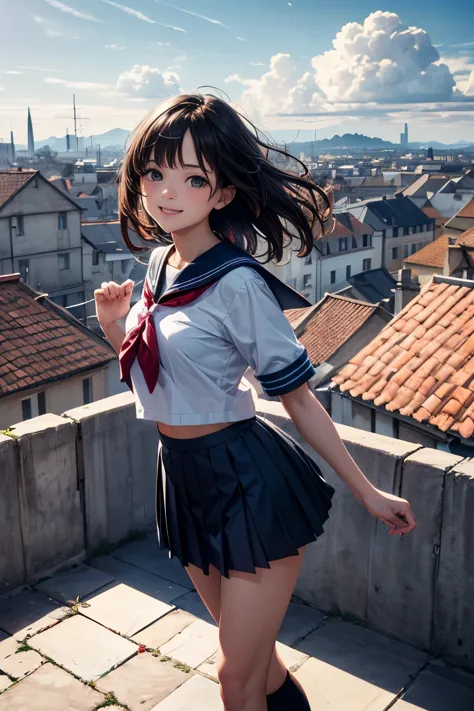 very cute and beautiful girl,teen,(highly detailed beautiful face),
(smile:1.2),black hair,(sailor school uniform,pleated navy b...