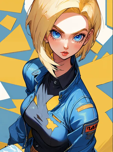 android 18, blue eyes, blonde hair, short hair, denim jacket, black shirt, medium breasts, from above