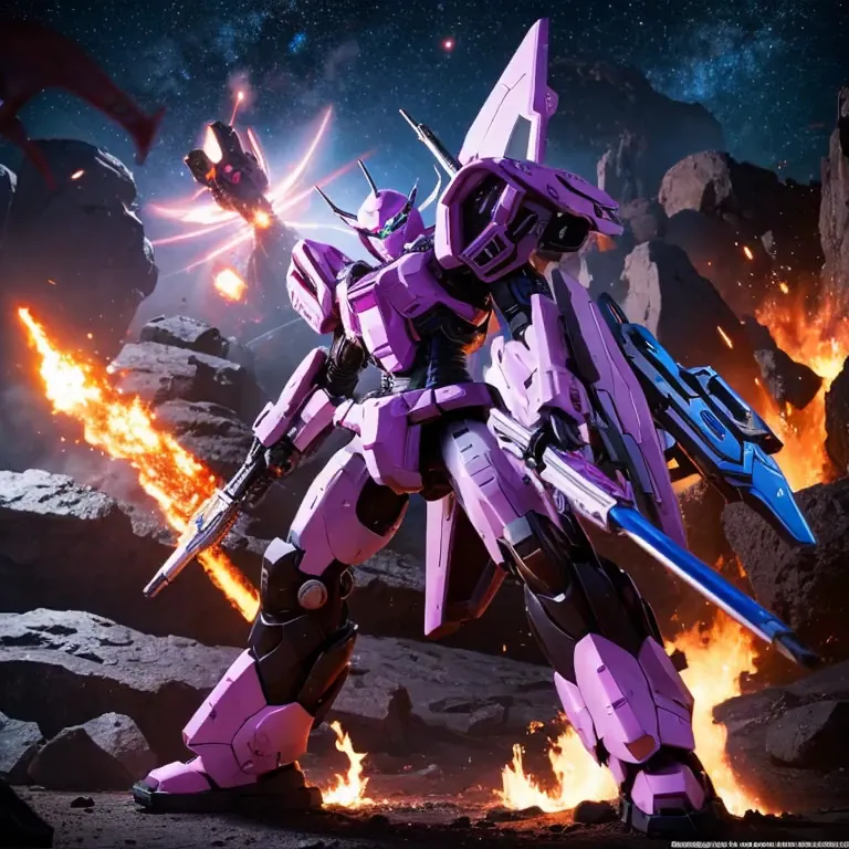 a purple battle mech wit heart themed symbols carries a powerful love gun on one arm, action pose on a volcanic asteroid