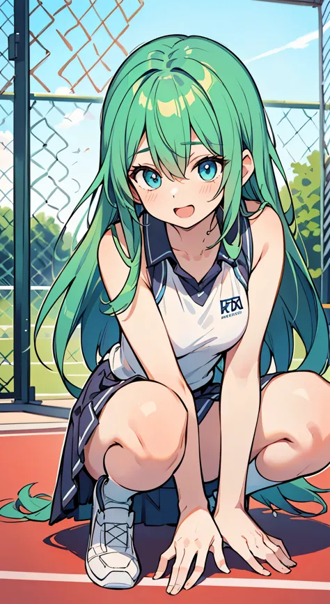 ((A Pretty girl with green hair and blue eyes)), ((wearing tennis wear)), with a tennis racket, Baby face, ((master piece, top-q...