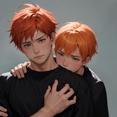 Orange-haired 15-year-old cries with sadness because his friend has died, estan llorando la muerte de su hermano