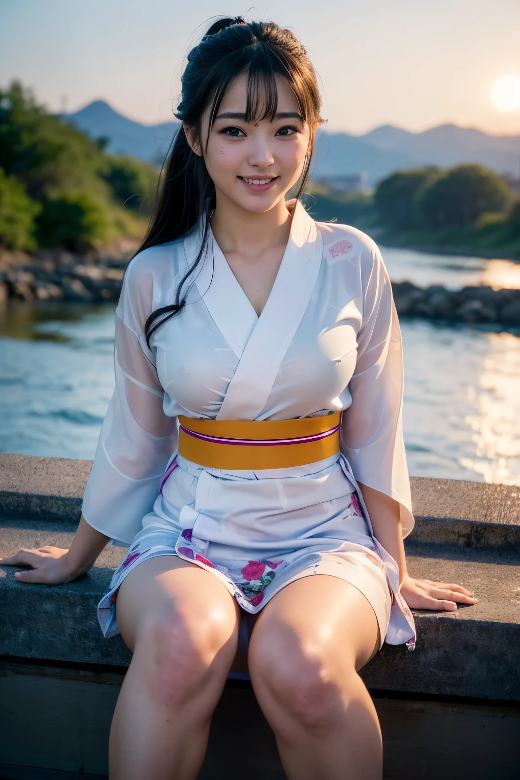 Uma super linda beleza japonesa com cara de bebê,pedaço voa, melhor qualidade, super detalhado, detalhes finos, Alta resolução, em 8K, ((fotorrealista:1.4, Filmagem ao vivo, 超Alta resolução,A mais alta qualidade de imagem: 1.4)), ((Linda garota japonesa com cara de bebê e classe ídolo:1.3)), (o rosto é redondo e pequeno), （((O nariz é simétrico e estreito:1.4))）,(A proporção do nariz transcendental é simétrica e pequena e alta.),papel de parede, lindos olhos detalhados, lábios de cor natural, ((Sorriso gentil:1.5)), ((Penteado transparente com franja aleatória e fofa)), ((random yukata:1.5)), ((tamanho do peito grande：1.7、decote:1.1)), ((Apenas uma toupeira logo acima do saco lacrimal:1.2)),((O rio à noite está ao fundo:1.4)), ((expressão feliz aleatória)),Iluminação altamente detalhada e natural)),((Eu posso ver minhas coxas:1.5)),Parece um diabinho aleatório：1.3，Figura aleatória agachada