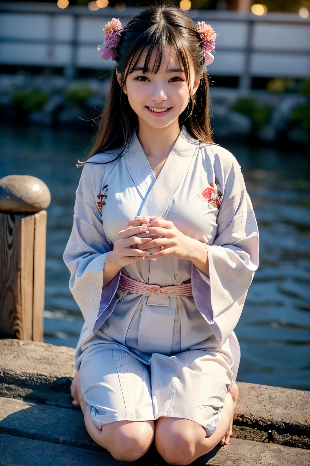 Eine superschöne japanische Schönheit mit Babygesicht,Stück fliegt, beste Qualität, Super detailliert, feine Details, Hohe Auflösung, In 8K, ((fotorealistisch:1.4, Live-Aufnahmen, 超Hohe Auflösung,Höchste Bildqualität: 1.4)), ((Wunderschönes Mädchen mit superbabygesichtigem japanischen Idol:1.3)), (Gesicht ist rund und klein), （((Die Nase ist symmetrisch und schmal:1.4))）,(Das Verhältnis der transzendentalen Nase ist symmetrisch und klein und hoch.),Hintergrund, Schöne, detaillierte Augen, Natürliche Lippenfarbe, ((sanftes Lächeln:1.5)), ((Zufällige und süße durchsichtige Frisur mit Pony)), ((zufälliges Yukata:1.5)), ((große Brustgröße：1.7、Dekollete:0.5)), ((Nur ein Muttermal direkt über dem Tränensack:1.2)),((Der Fluss bei Nacht ist im Hintergrund:1.4)), ((zufälliger glücklicher Ausdruck)),Sehr detaillierte und natürliche Beleuchtung)),((Ich kann meine Oberschenkel sehen:1.5)),Sieht aus wie ein zufälliger kleiner Teufel：1.3，Zufällige Figur in der Hocke