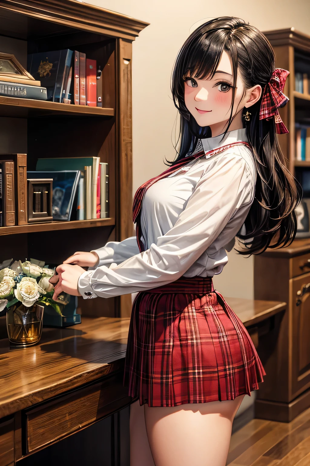 very cute and beautiful girl,(very detailed美しい顔),(smile),blush,cowboy shot,
(white blouse with small frills),Long sleeve BREAK standing,skirt lift,white panties,
hair ribbon,black hair,(scarlet plaid miniskirt)
 BREAK antique living room,flowers in a vase,wooden desk,(bookshelf:0.9),Jewelry box,european carpet,distant tree々,
(highest quality,masterpiece:1.2),disorganized,High resolution,super detailed,very detailed,32K,8K resolution,
intricate details,movie-like scene,detailed background,alone,dynamic angle,