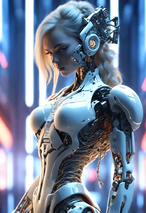 Complex 3D rendering ,Beautiful porcelain silhouette robot female warrior, cyborg, integrated circuit parts, huge futuristic rif...