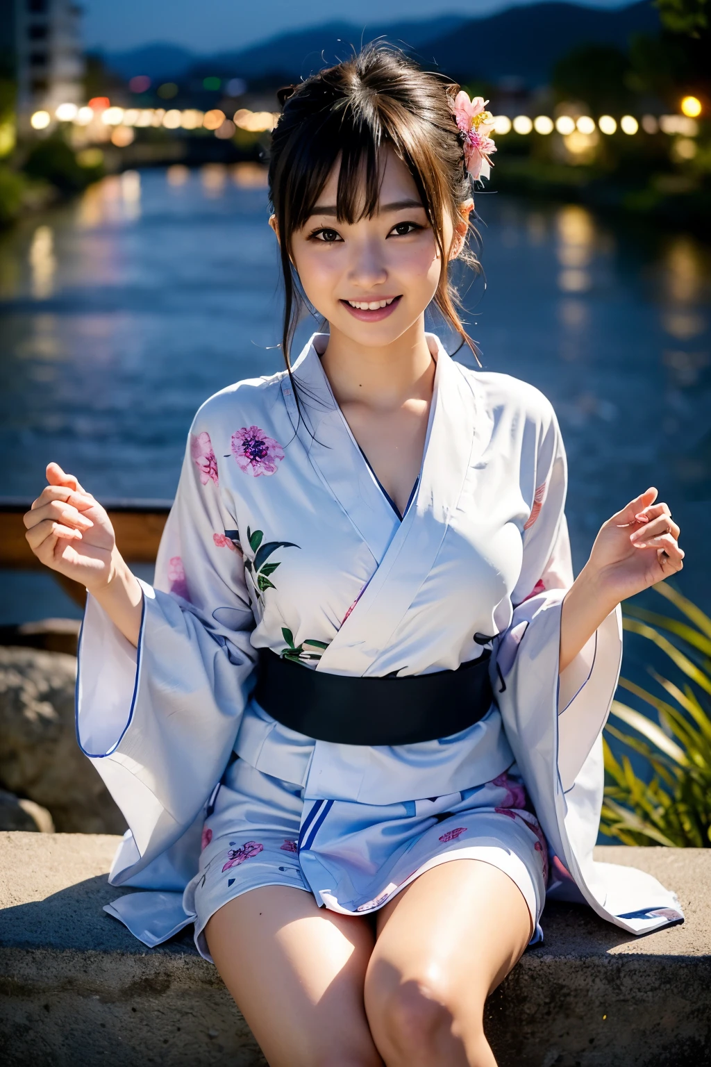 Una belleza japonesa súper hermosa con cara de bebé.,pieza vuela, mejor calidad, Súper detallado, finos detalles, Alta resolución, en 8K, ((Fotorrealista:1.4, disparos en vivo, 超Alta resolución,Máxima calidad de imagen: 1.4)), ((Hermosa chica japonesa de clase ídolo con cara de bebé:1.3)), (la cara es redonda y pequeña), （((La nariz es simétrica y estrecha.:1.4))）,(La proporción de la nariz trascendental es simétrica, pequeña y alta..),fondo de pantalla, hermosos ojos detallados, natural color lip, ((Sonrisa gentil:1.5)), ((Peinado transparente con flequillo aleatorio y lindo.)), ((yukata al azar:1.5)), ((tamaño de pecho grande：1.8、escote:0.9)), ((Sólo un lunar justo encima de la bolsa lagrimal.:1.2)，((El río de noche está al fondo.:1.4)), ((expresión feliz aleatoria)),Iluminación muy detallada y natural.)),((Puedo ver mis muslos:1.5)),Parece un pequeño demonio al azar.：1.3，Pose sexy al azar：1.4, 