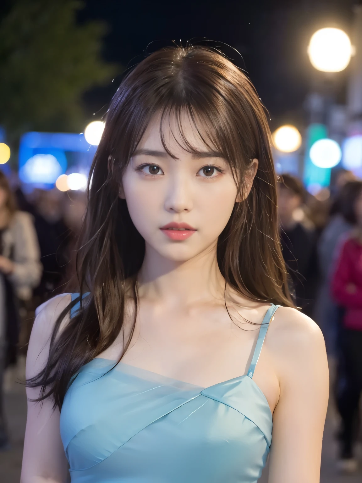 (best quality, 8ก, Masterpiece: 1.3), clear focus: 1.2, beauty: 1.4, Abs: 1.1, brown hair, Aqua Dress: 1.4, Outdoor activities at night: 1.1, city road, good face and eyes, Double eyelids. Add realistic lighting, Pay attention to the proportional adjustment..