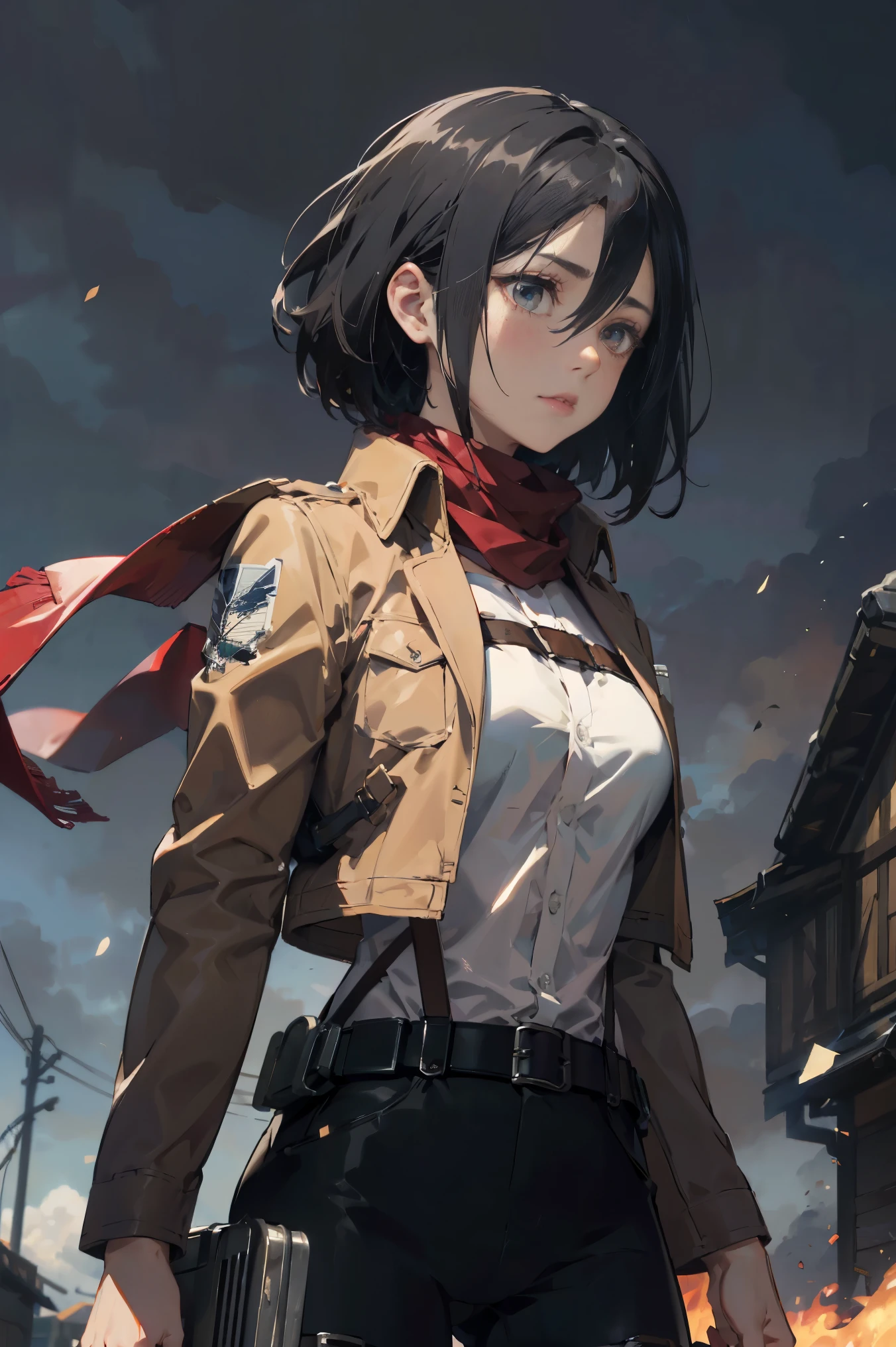 a 20 yo woman、Black-haired head hair、Bery short hair、dark themed、Muted Tones、Subdued Color、highly contrast、(natural skin textures、Hyper-Realism、Soft light、sharp)、aot style、Attack on Titan、Mikasa Ackerman、女の子1人、Three-dimensional maneuver gear、arm strap、bangss、A dark-haired、Black pants、breastsout、cowboy  shot、embers、verd s eyes、greybackground、Background of burnt fields、hairs between eyes、Harnes、long-sleeve、looking at viewert、middlebreasts、Underpants、red scarf、scarf、The shirt、short-hair、fumo、独奏、Thigh strap、Brown jacket、white  shirt、survey team\(emblem\)、((​masterpiece))、top-quality、battle posture, 天空,