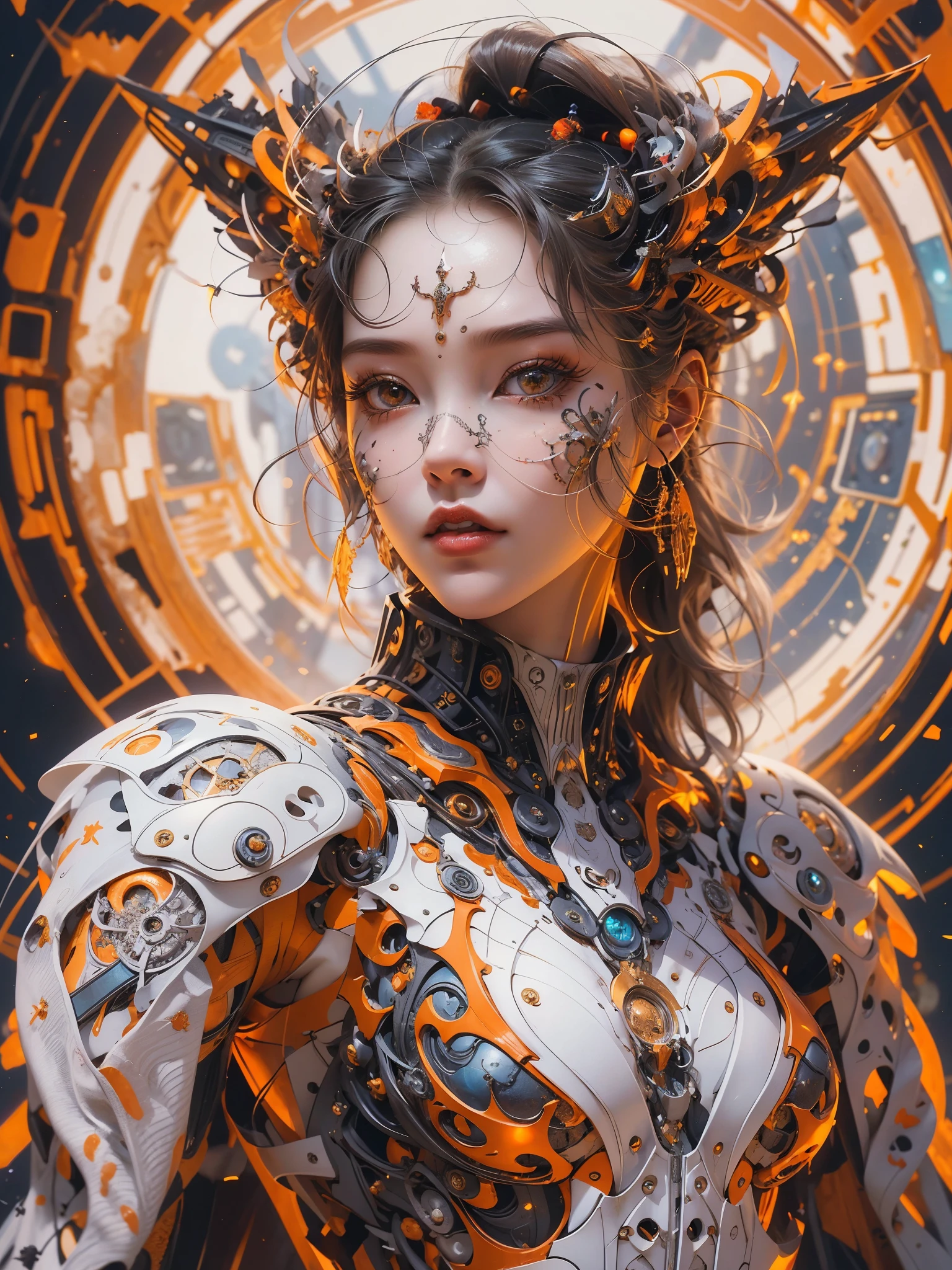Craft a portrait of a futuristic girl warior, depicted in ultra-high resolution with a balance of light and shadow to create an impressive visual depth. The artwork should be gallery-quality, on par with masterpieces by renowned artists.
Cyberpunk warrior, red white and orange is dominant color.
The girl warior is the epitome of Kimono style, with eyes that are central to the composition. Their cosmic, space-like qualities with uniquely colored sclera and youth style, fractal designs suggest advanced technology or a futuristic leap in evolution. The intense and focused gaze should command immediate attention.

The girl face features subtle facial markings or tattoos that tell a story of bravery and valor. The tattoo showcases a cleavage design that blends futuristic aesthetics and functionality.

Include a detailed full-body close-up that accentuates the warrior girl futuristic nude attire, conveying readiness for an interstellar confrontation. The portrayal should be powerful and inspiring, signifying the warrior girl role as a pre-eminent warrior of future warfare