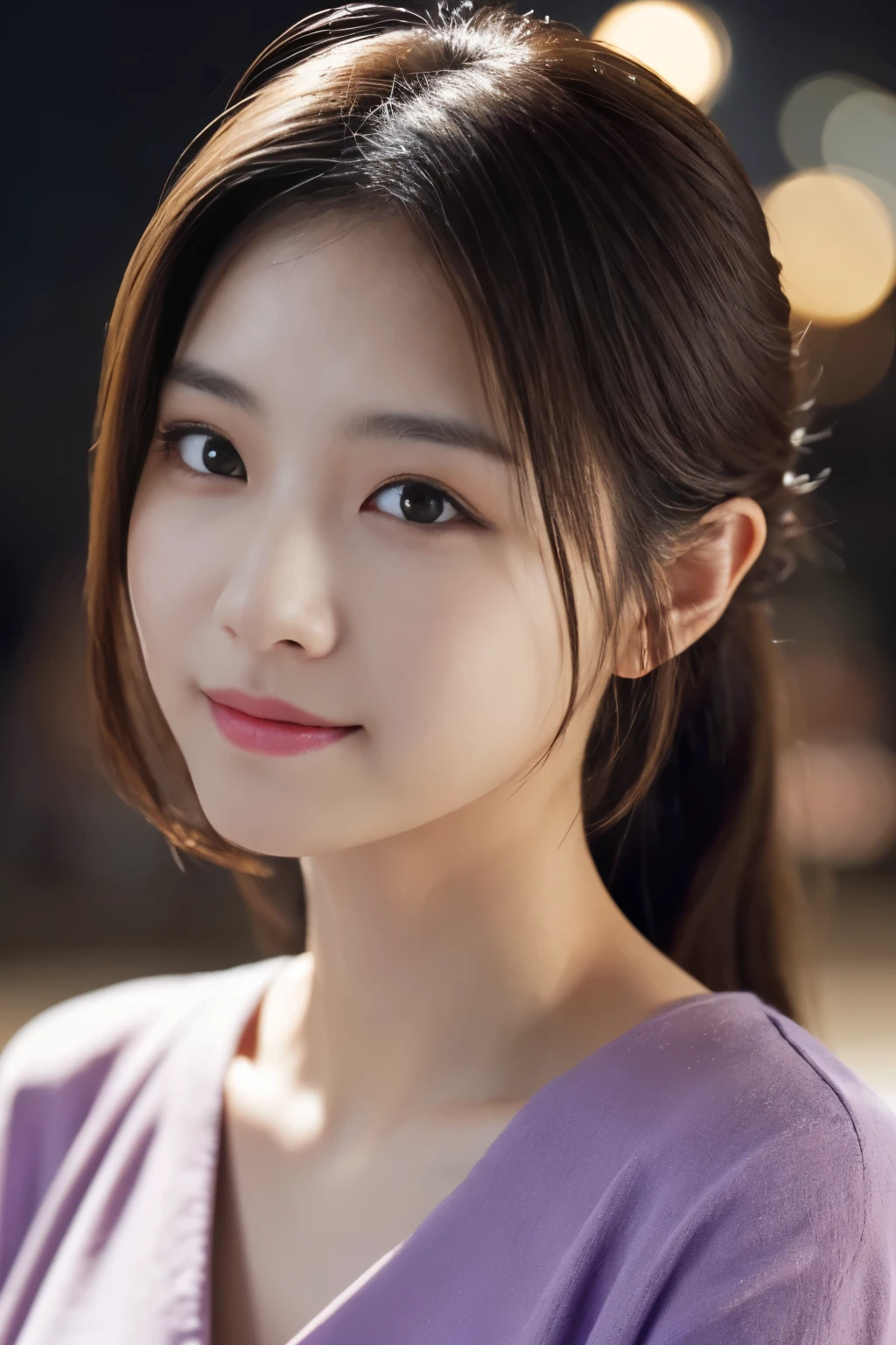 1 girl, (Wearing a purple blouse:1.2), beautiful japanese actress,
(RAW photo, highest quality), (realistic, Photoreal:1.4), masterpiece, 
very delicate and beautiful, very detailed, 2k wallpaper, wonderful, 
finely, very detailed CG Unity 8K 壁紙, Super detailed, High resolution, 
soft light, beautiful detailed girl, very detailed目と顔, beautifully detailed nose, beautiful and detailed eyes, cinematic lighting, 
break
(Against the backdrop of a snowy night cityscape 1.3), city lights, 
perfect anatomy, slender body, smile, Face the front completely, look at the camera