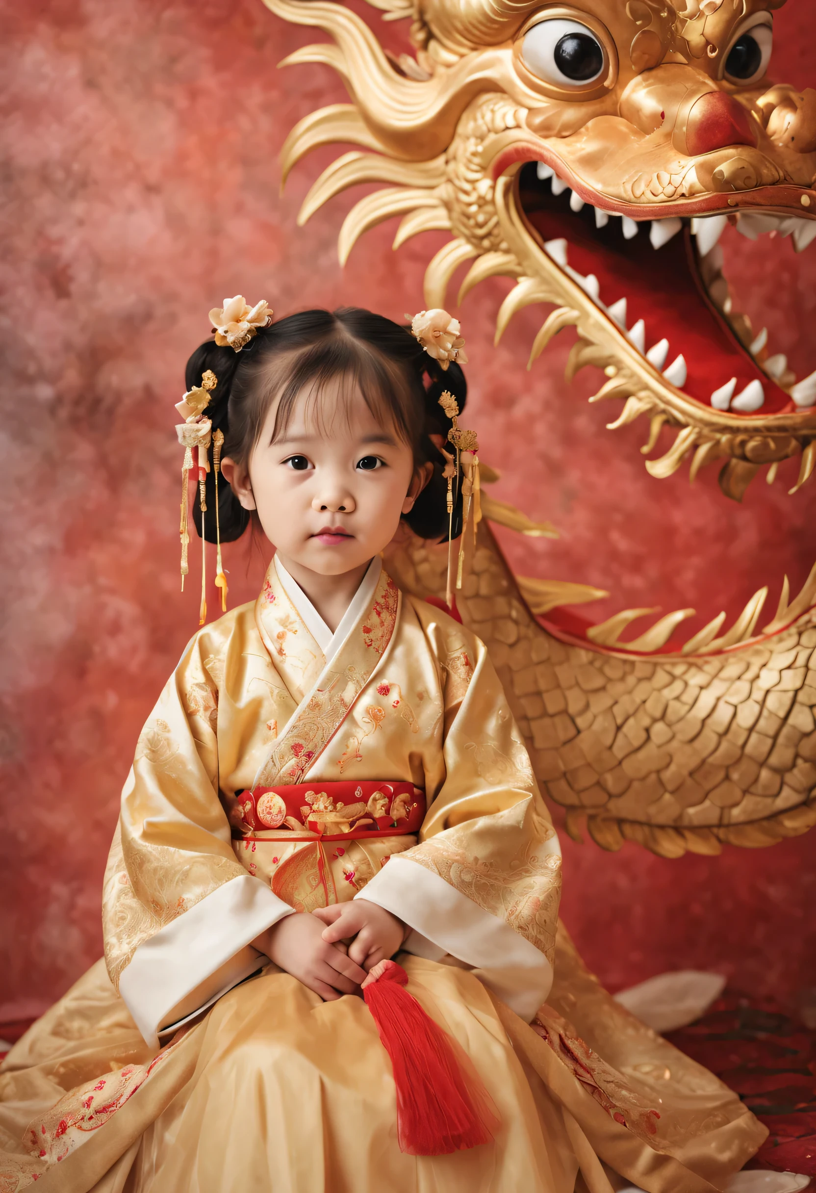 a 2 year old girl, Chinese new year wallpaper dragon and ,Chinese dragon,Surrealist style portrait,Cute and dreamy, hanfu, Exquisite dragon pattern,ancient chinese style, Soft and dreamy atmosphere,Chinese traditional clothing, high viewing angle, soft light,16k resolution, Children&#39;s photography--ar 3:4——and 6.0