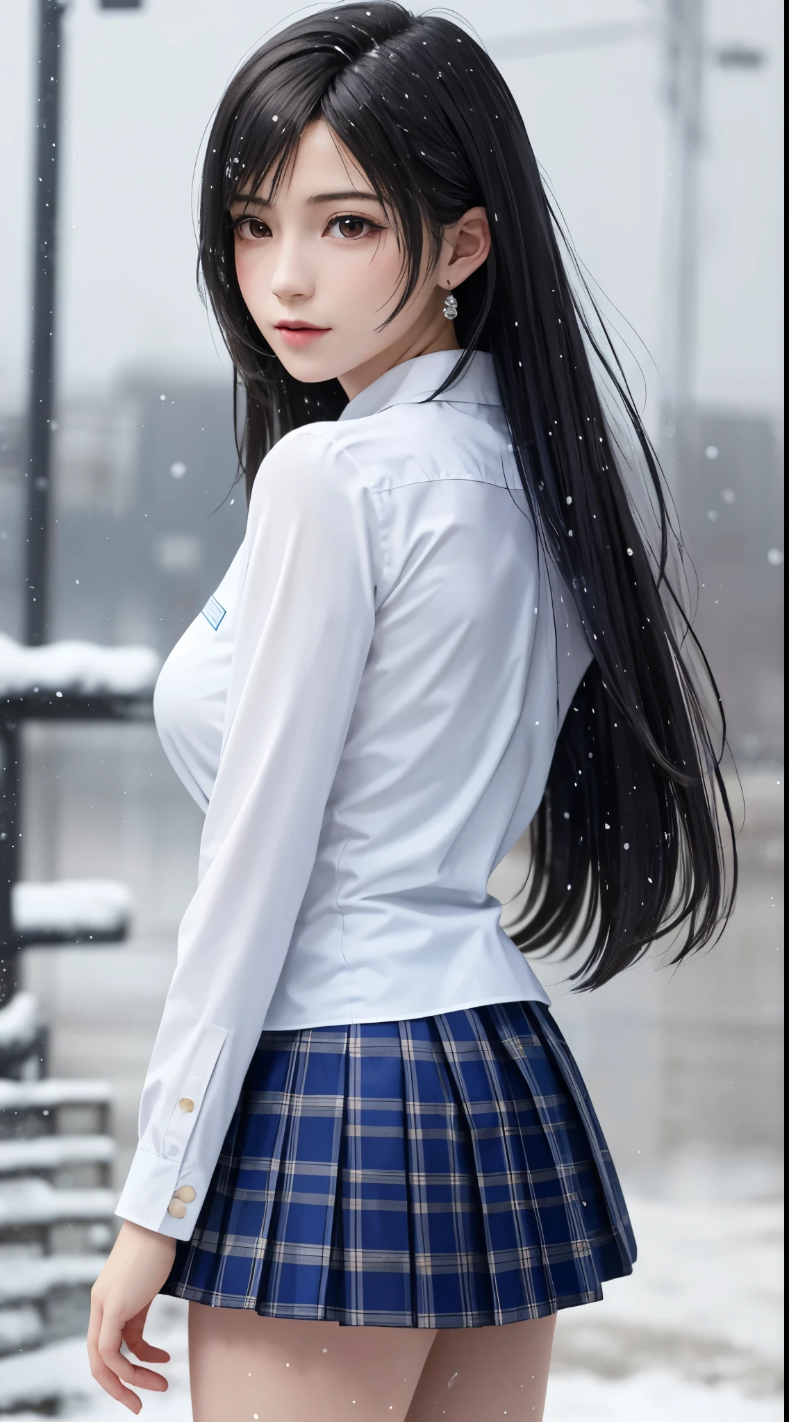 (top quality, masutepiece: 1.1), (Realistic: 1.3), (photoRealistic: 1.3),wallpapers, BREAK (((FF7,Tifa_lockhart))),(((Thick loose knit scarf))),(((Japan jk uniform,Navy Blue blazer,long-sleeved,Navy Blue Plaid Pleated mini-Skirt,Dark blue short socks,loafers))),(background big city,shibuya:1.1,hard snow:1.3,neon:1.2),(gravure pose:1.3,nogizaka idol),Ultra-detailed face, Detailed eyes,Red eyes, BREAK (((FF7,Tifa_lockhart))),(black brown hair, Large breasts: 1.0), BREAK , About 18 years old,kawaii,(calf focus:1.2,back hair:1.2),sensual,zettai_ryouiki:1.1,looking at viewer,Beautiful legs,walking,wet body:1.3,Heavy snow ,(snow-drenched body: 1.3), (Bodysuit with water droplets: 1.3), (snow-soaked hair: 1.3) , (snow-soaked bangs: 1.3), (snow-soaked shirt: 1.3) , In the snow,Snow falls,(face focus:1.2,face close up:1.2)