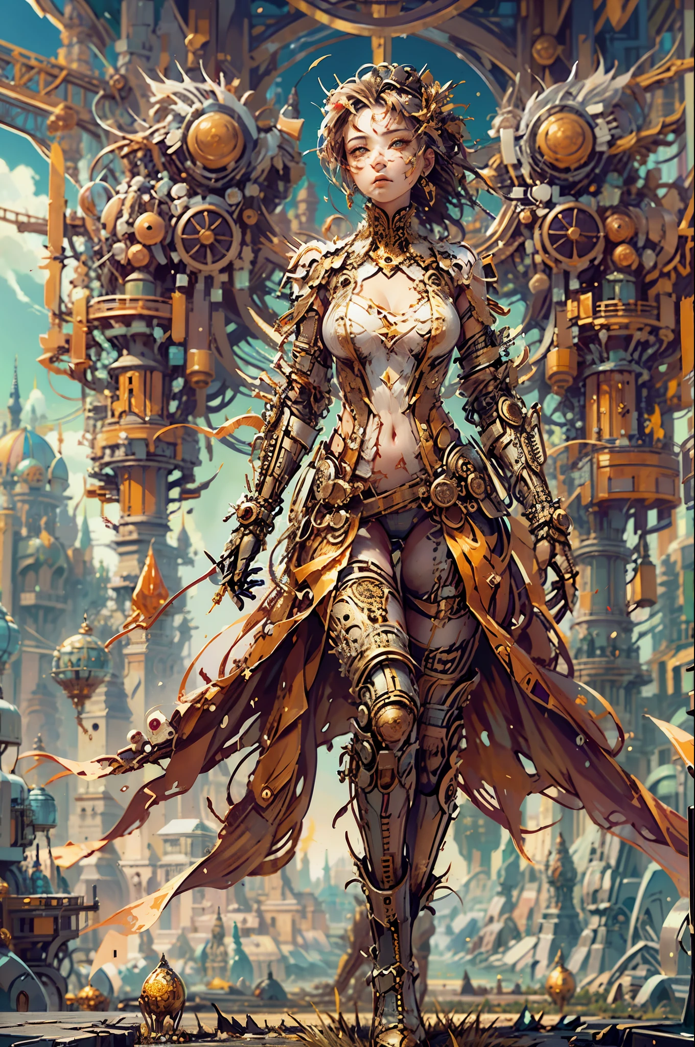 In the vastness of the gallery hall, the stillness is pierced by the commanding presence of a compelling portrait: the futuristic girl warrior, a symphony of reds, whites, and oranges that cascade over her form like the dying embers of distant stars.

She stands, a full shot capturing her from head to toe in mesmerizing detail, an ultra-high resolution masterpiece showcasing a conjunction of intricate steampunk designs and the ethereal elegance of a kimono. Her warrior attire, a blend of tradition and sci-fi fantasy, merges seamlessly with the mechanized flourishes of a cyberpunk dystopia.

The light cascades around her, cinema-style, creating a dynamic interplay of light and shadow that gives her form depth and complexity. Every element is hyper-realistic, from the fine detailing of her armor's texture to the vibrant gleam of her eyes, which are cosmic and vast, windows to the nebulae swirling within. The sclera, a storm of colors one would never find on Earth, accentuates her focused and intense gaze, drawing all who look upon her into the narrative of her valor.

Her face, marked with subtle tattoos, is an artwork in itself, with fine lines that tell stories of battles faced and foes vanquished. These markings gracefully extend to highlight the modernity of her cleavage, an intricate design of form and function that respects the past while heralding the future.

She is nude, yet not vulnerable; in the nudity lies her readiness for confrontation, her attire less about fabric and more about the advanced technology embedded within her very skin. Her body is an integral part of her arsenal, an intensely detailed landscape of both organic beauty and engineered prowess.

This warrior is not simply depicted; she is celebrated as a testament to the future of warfare, where strength is matched by intelligence and technology harmonizes with human spirit. Each element of the composition, from the fantastical creature of her essence to the steampunk echoes in her gear, signa