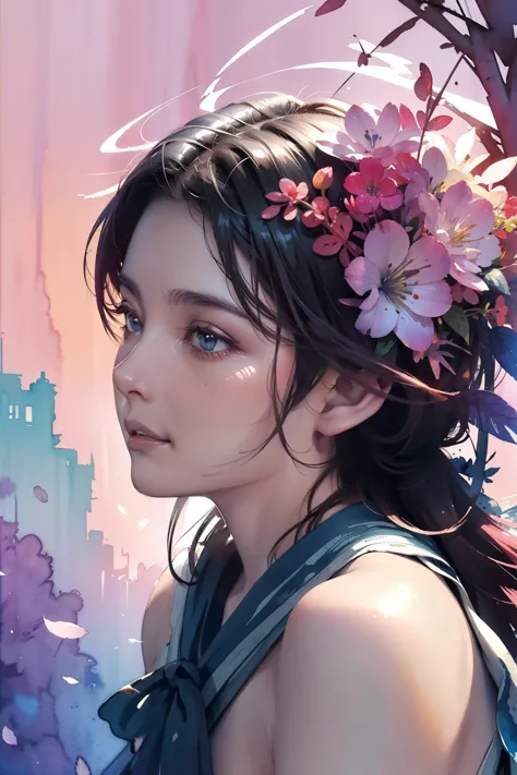 1 girl,flower, Platycodon ,light pink和浅蓝色的风格, Fantasy and romantic works, light pink, ethereal leaves, Interesting arrangement,f...