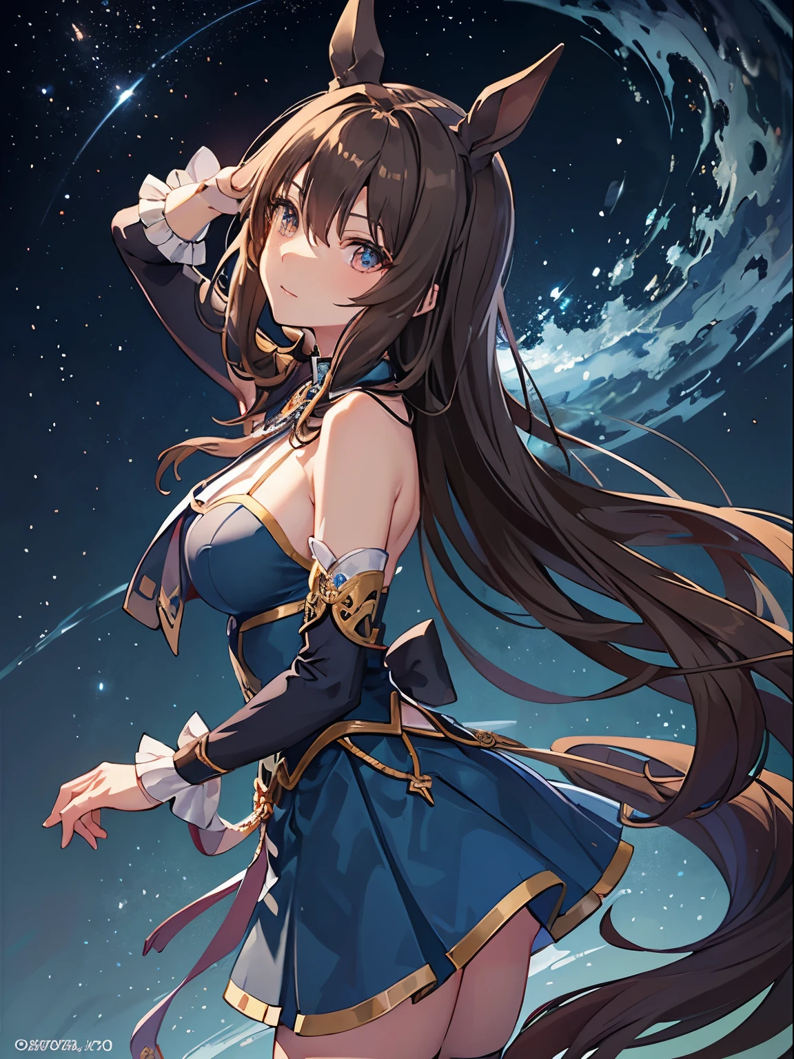 close up of face,diagonal angle., Intricate details, beautiful and delicate eyes, Anime girl with long brown hair and brown eyes is taking a photo, Smooth anime CG art, Admire Vega, detailed digital anime art, Gweiz, sui ishida art manga, Uma Musume, official artwork, pixiv style, detailed anime artwork, artbook artwork, seductive anime girl, sougetsu, detailed anime character art, died、horse ears、Long Blue Backless Dress,naked, I&#39;m taking a photo from the side