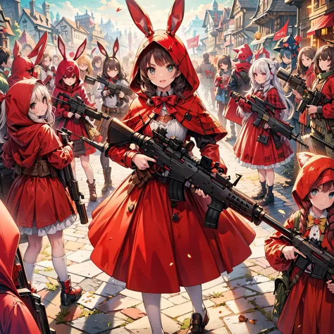 (masterpiece), best quality, fantasy art, many little girls in red hood and dress holding weapon at wonderland, (((everyone wear...