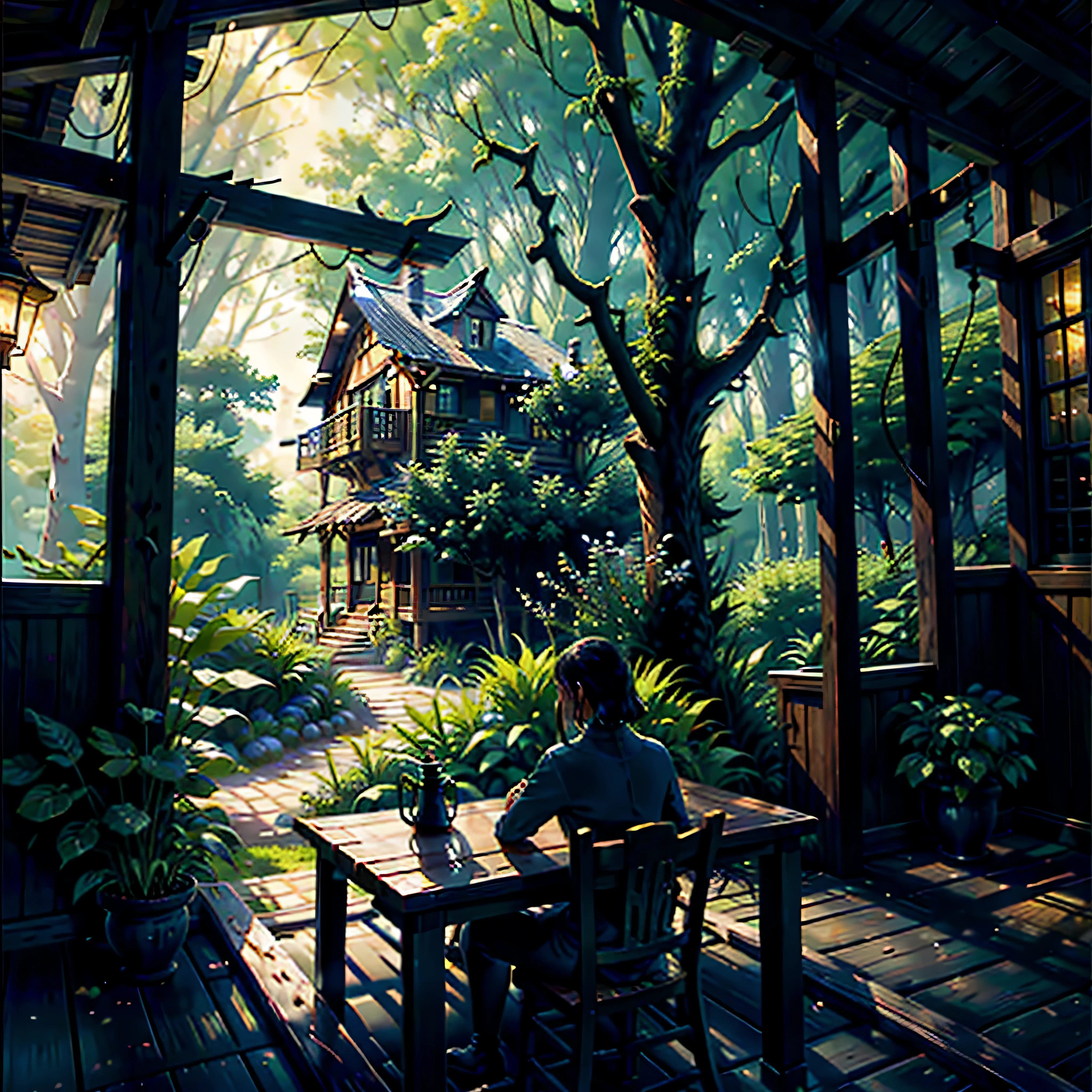 Create interesting images, Multi-story wooden house surrounded by towering ancient tree branches. This home features intricate woodwork, warm light from the window, and cozy interior. The area around the tree house is dark, An enchanting forest with a canopy that filters soft light. Under, A gently flowing stream reflects the light、Cozy outdoor dining area with wooden tables and chairs. The scene is quiet. Rich greenery and blooming flowers々further enhances the fantastic atmosphere..