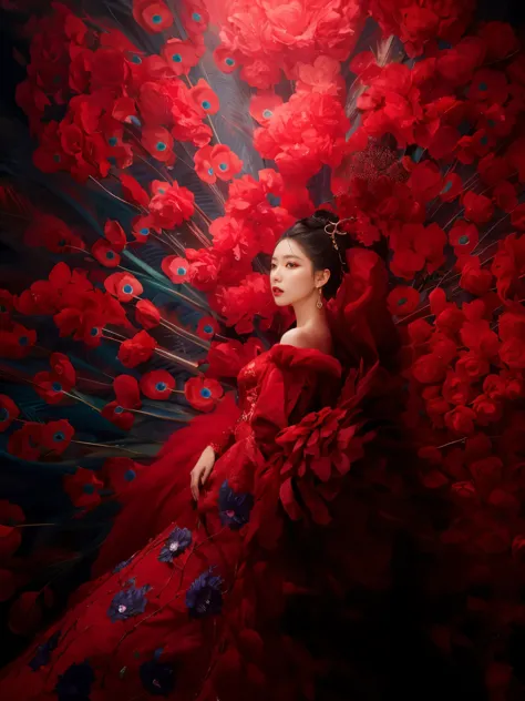 Arafad image of a woman in a red dress surrounded by red flowers, fine art fashion photography, In the red dream world, Portrait...