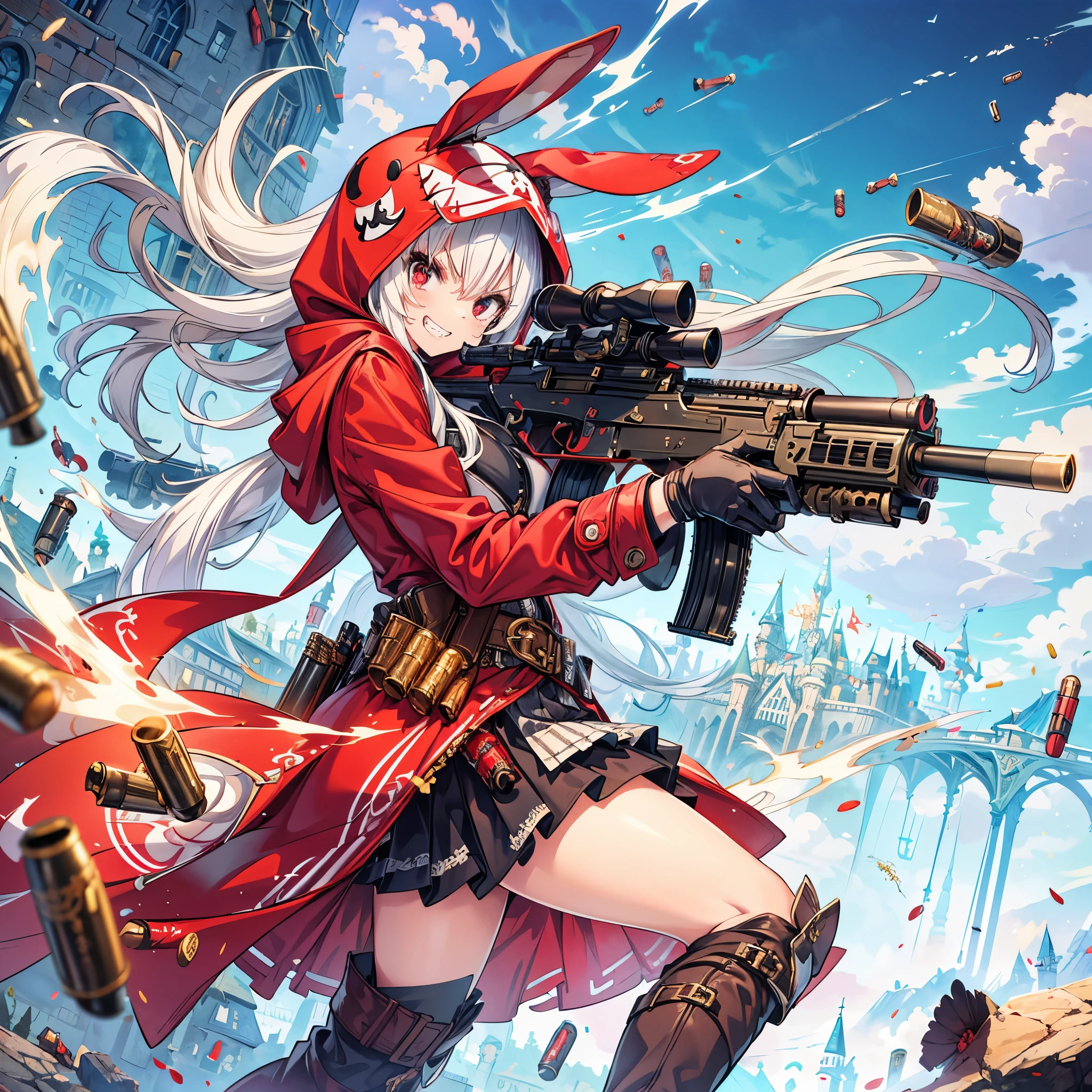 (masterpiece), best quality, fantasy art, 1girl,solo, a girl firing her long machine gun in wonderland, white_hair, long hair, angry, grin, smile, (red_hood:1.4), bunny ears, long coat, skirt, boots, (((ammunition belt))), gun, bullet casing, machine gun, weapon, (wonderland:1.2), castle