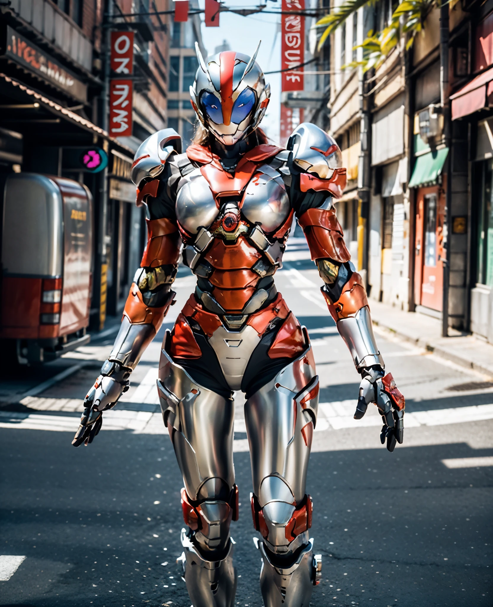 A woman adorned in fantasy-style full-body armor, a crown-concept fully enclosed helmet that unveils only her eyes, a composite layered chest plate, fully encompassing shoulder and hand guards, a lightweight waist armor, form-fitting shin guards, the overall design is heavy-duty yet flexible, the armor gleams with a golden glow, complemented by red and blue accents, exhibiting a noble aura, she floats above a fantasy-surreal high-tech city, this character embodies a finely crafted fantasy-surreal style armored hero in anime style, exquisite and mature manga art style, Queen Bee Concept Armor, ((goddess, femminine)), long legs, metallic, elegant, high definition, best quality, highres, ultra-detailed, ultra-fine painting, extremely delicate, professional, anatomically correct, symmetrical face, extremely detailed eyes and face, high quality eyes, creativity, RAW photo, UHD, 32k, Natural light, cinematic lighting, masterpiece-anatomy-perfect, masterpiece:1.5