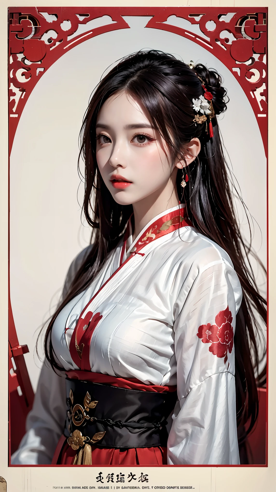 1 girl, woman, handsome, ink, Chinese armor, ((2.5D)), black hair, floating hair, delicate eyes, black and red antique damask Hanfu, fov, (f1.8), (masterpiece), (portrait shot), front shot, white background, (movie poster)