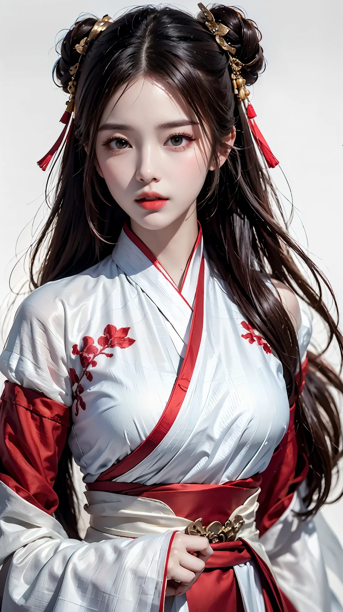 1 girl, woman, handsome, ink, Chinese armor, ((2.5D)), black hair, floating hair, delicate eyes, black and red antique damask Hanfu, fov, (f1.8), (masterpiece), (portrait shot), front shot, white background, (movie poster)
