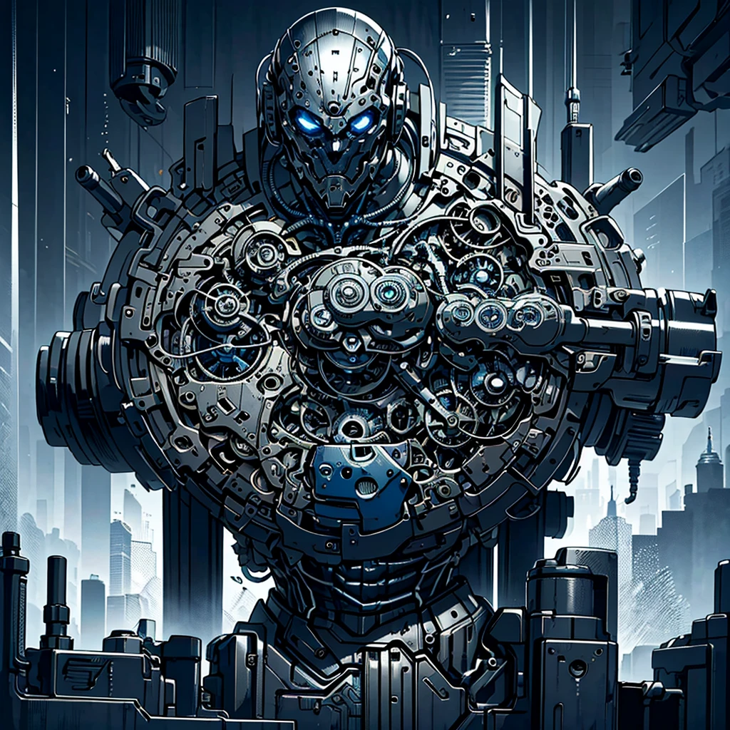 silver black blue tone,cool hip hop style，A man covered in machines，half face machine，Holding a knife and a gun，Mechanical Warrior，Extremely intricate details，best quality，masterpiece，Arrogant expression