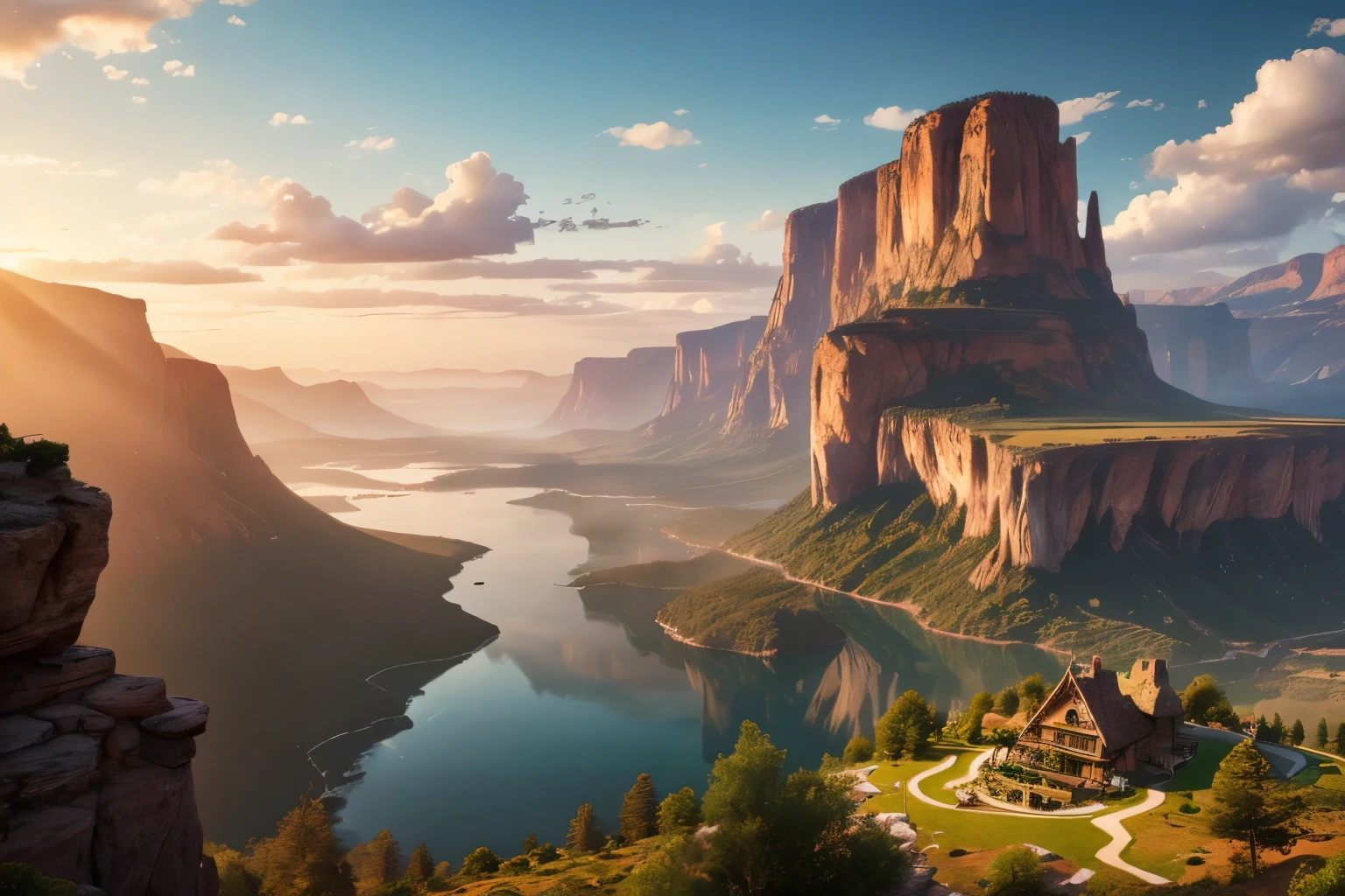 An auberge sits gracefully at the edge of a magnificent cliff, overlooking a breathtaking view of a mountain range and cascading waterfalls. The surroundings portray a sense of borderlands and untamed lands, evoking a heroic fantasy setting. The panoramic view captures the vastness and grandeur of the landscape, immersing the viewer in a world of awe and wonder.