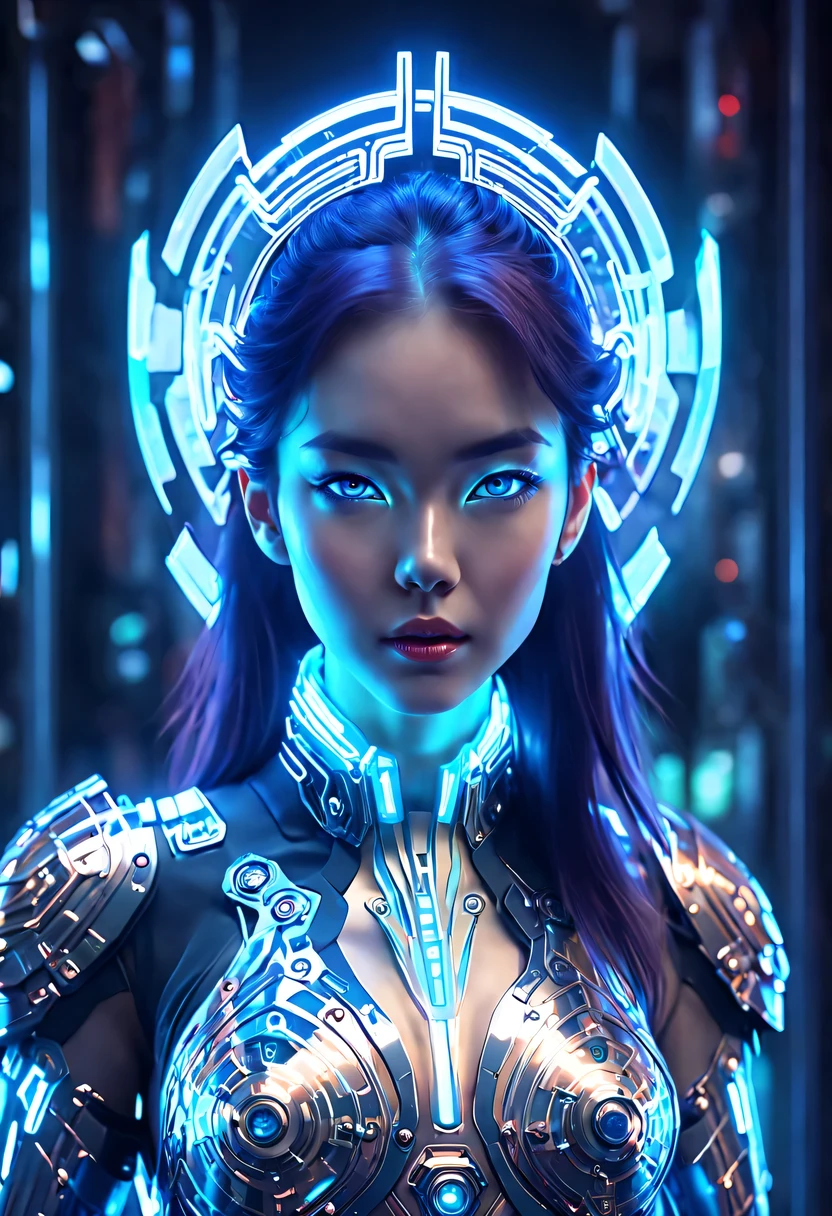 (Legendary Energy Light Shield:1.5)，Sci-fi transparent ethereal shield，Future female warriors，Mechanical Female Warrior，mechanical structure，cyberpunk，Holographic projection，fault art，mechanical aesthetics，neon lights，laser light，fluorescence，glow effect，liquid metal，Copper plate engraving，Unreal Engine