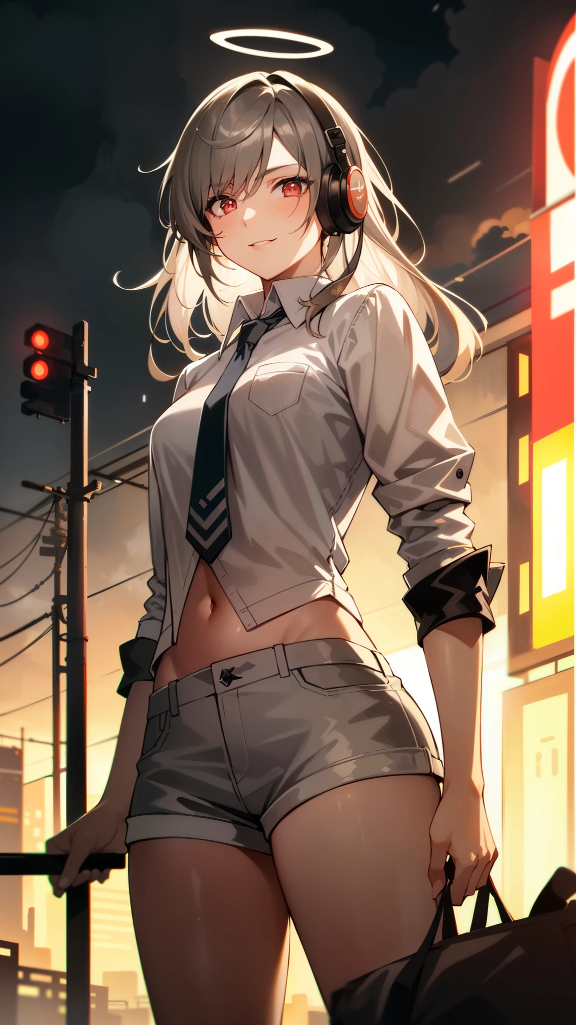 Anime girl with a tie and shorts standing in front of a building - SeaArt AI